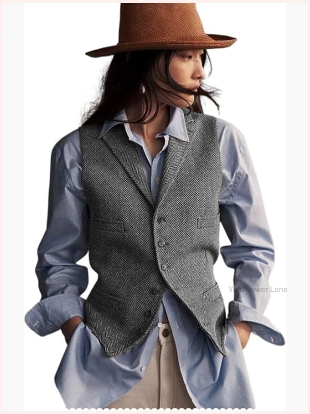 Herringbone Tweed Sleeveless Blazer Vest 6 Button Lapel V Neck Office Work Vest